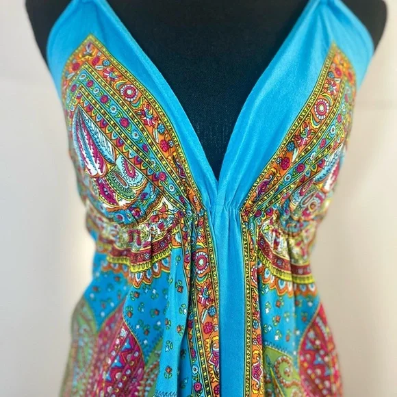 Blue Multicolor Halter Maxi Dress Paisley Boho OS - Picture 6 of 7